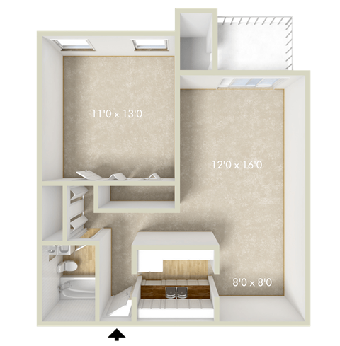 Floor plan for 1 bed, 1 bath, 728 sqft